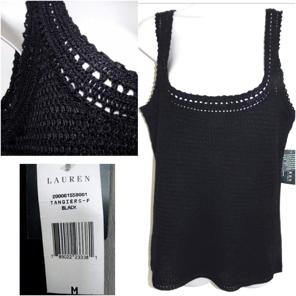 NWT Ralph Lauren knit cami M Black Pure linen Scoop neck Layer Sleeveless top